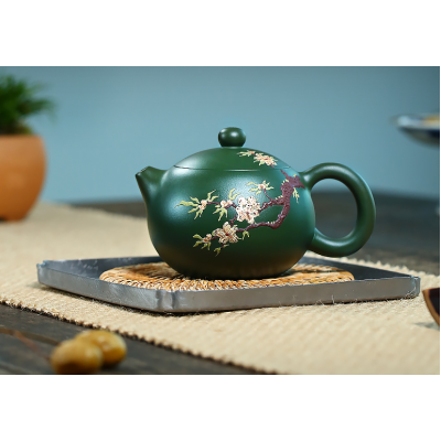 Yixing handmade original ore green clay painted purple clay teapot